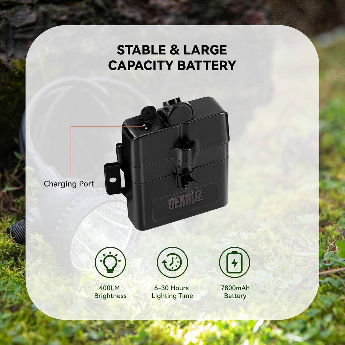 Black rechargeable battery pack with charging port for hunting headlamp cap.
