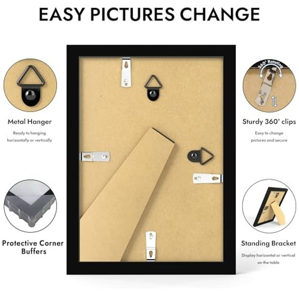 Black photo frame backing with metal hangers, stury 360 clips, and corner buffers