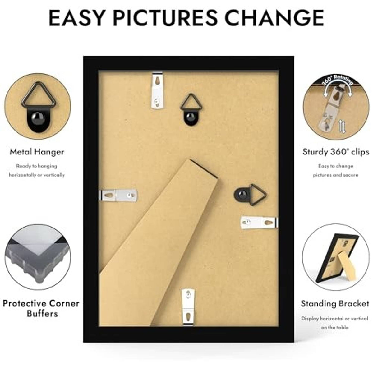 Black photo frame backing with metal hangers, stury 360 clips, and corner buffers
