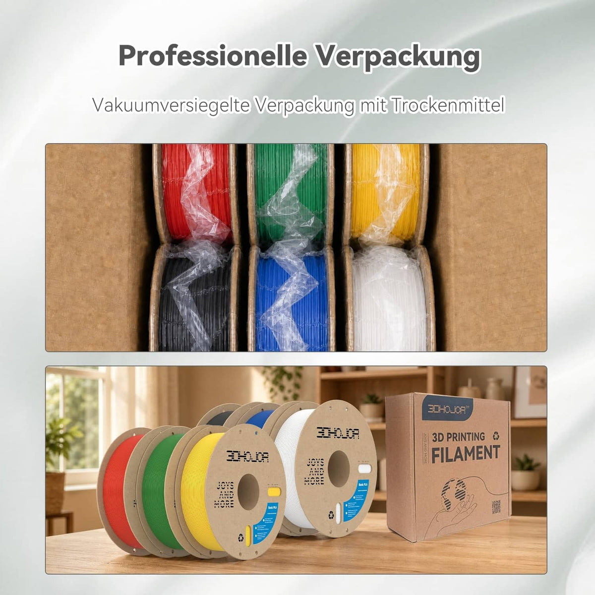 PLA filament spools in vacuum-sealed protective packaging with a product box