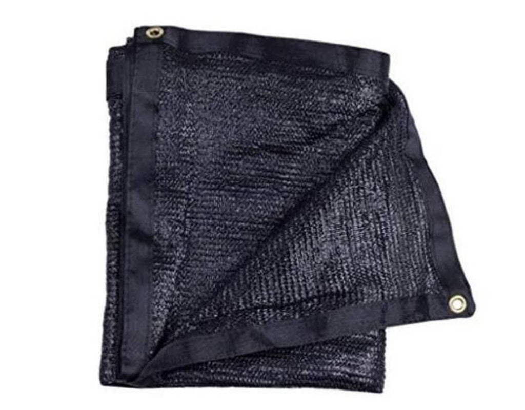 Black mesh shade panel with reinforced edges and brass grommets, folded view