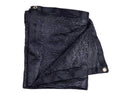 Black mesh shade panel with reinforced edges and brass grommets, folded view