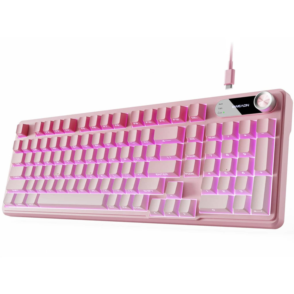 Pink gradient 98-key wired gaming keyboard with RGB backlighting and screen knob