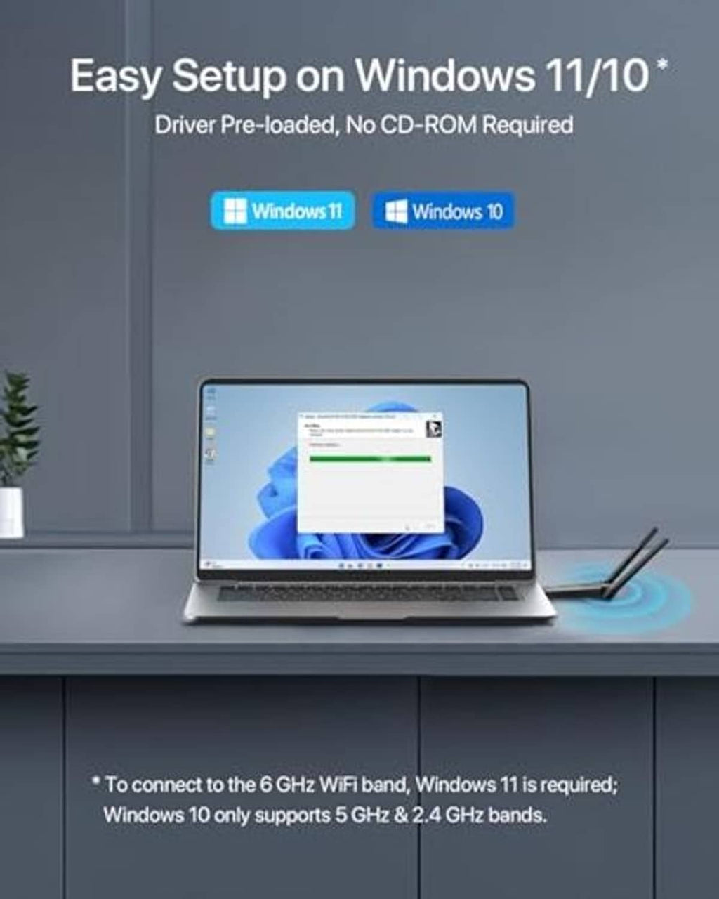 WiFi 6E USB adapter with Windows setup on laptop, hands typing on keyboard