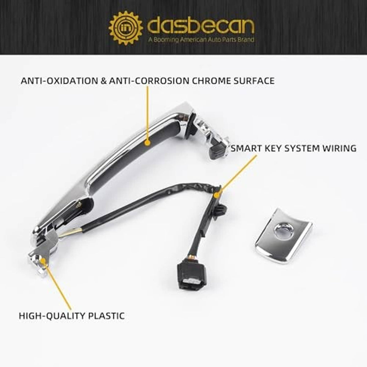 Chrome door handle with black wiring harness, smart-key wiring, and small control part.