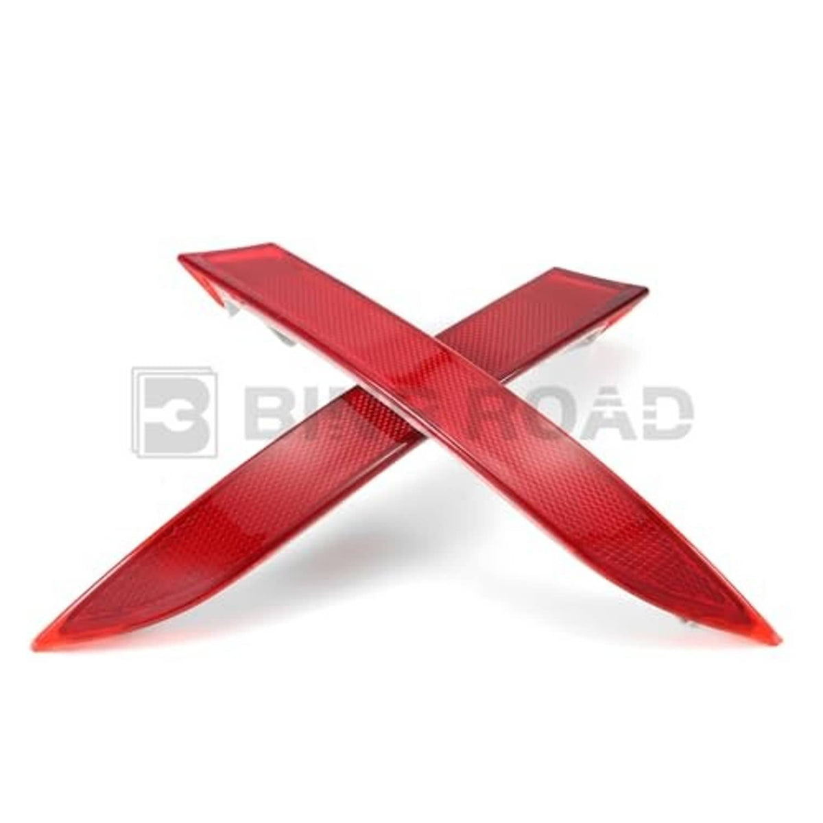 Two red bumper reflector pieces crossed, textured lens surfaces for left and right.