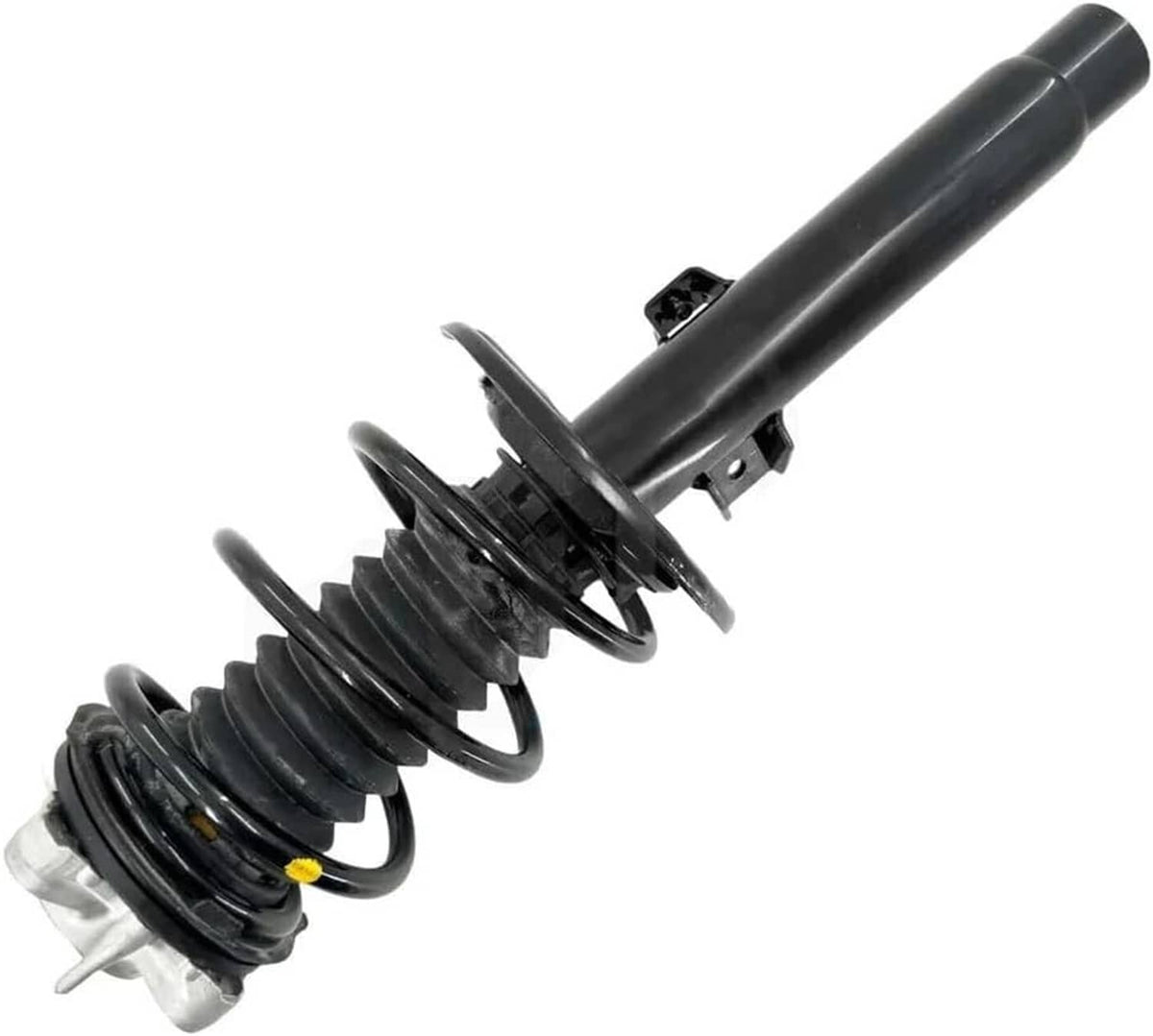 Front shock absorber strut assembly with black coil spring and mounting bracket.