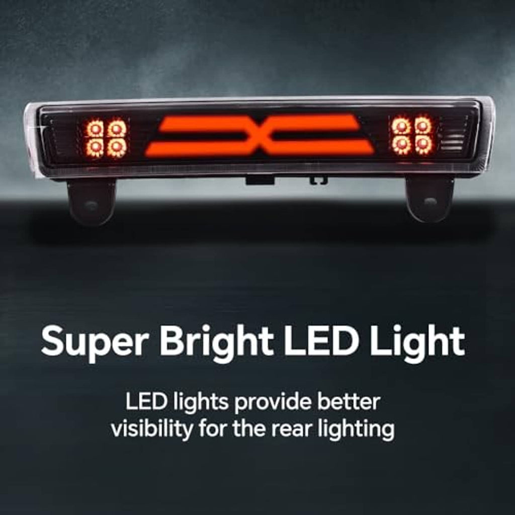 LED third brake light, black housing with clear lens, glowing red X LED bars