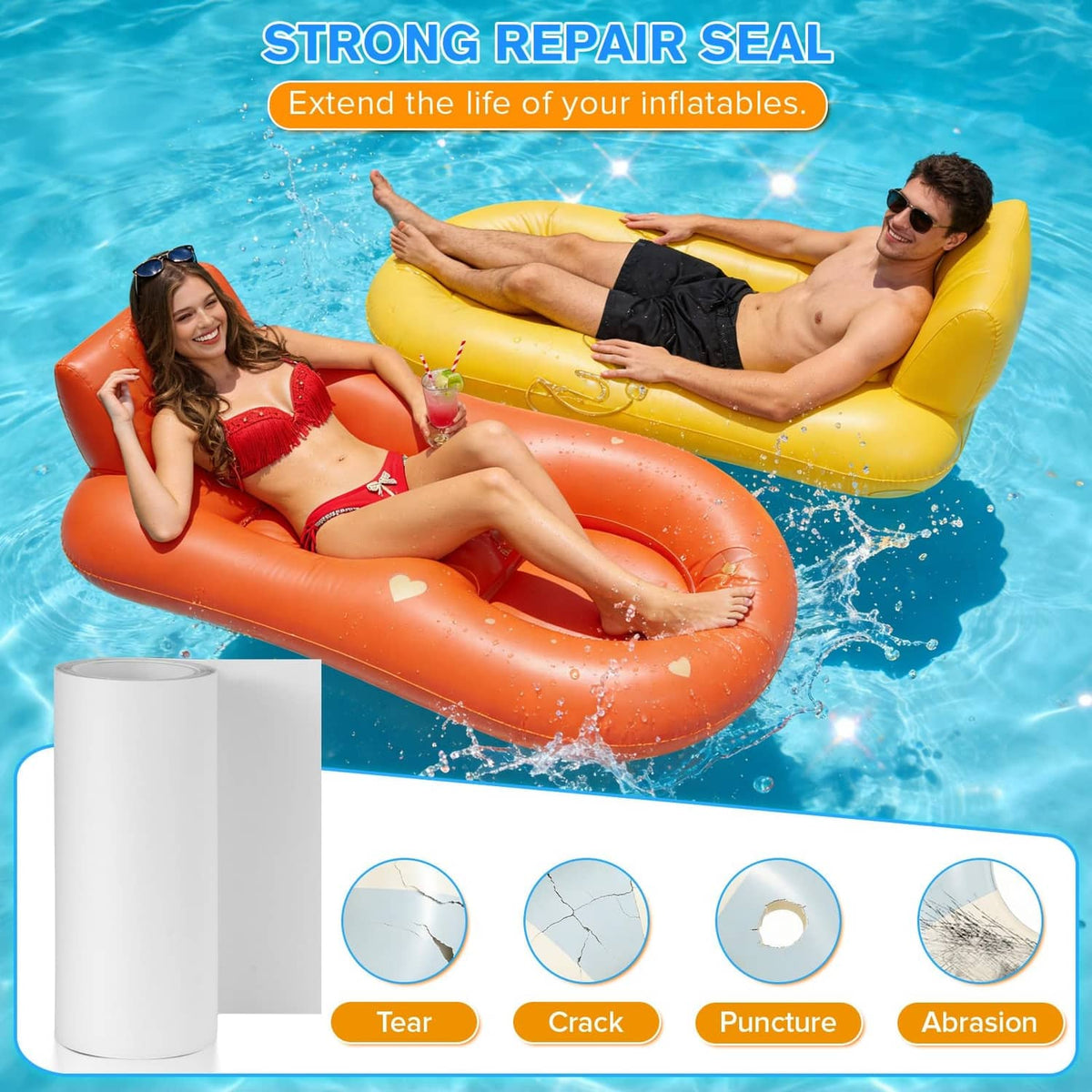 Inflatable repair tape roll with seal protection icons for tear, crack, puncture, abrasion