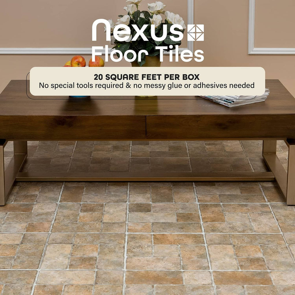 Stone-look vinyl floor tiles in warm brown and beige, installed on room floor