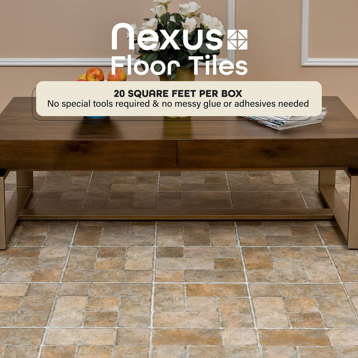 Stone-look vinyl floor tiles in warm brown and beige, installed on room floor