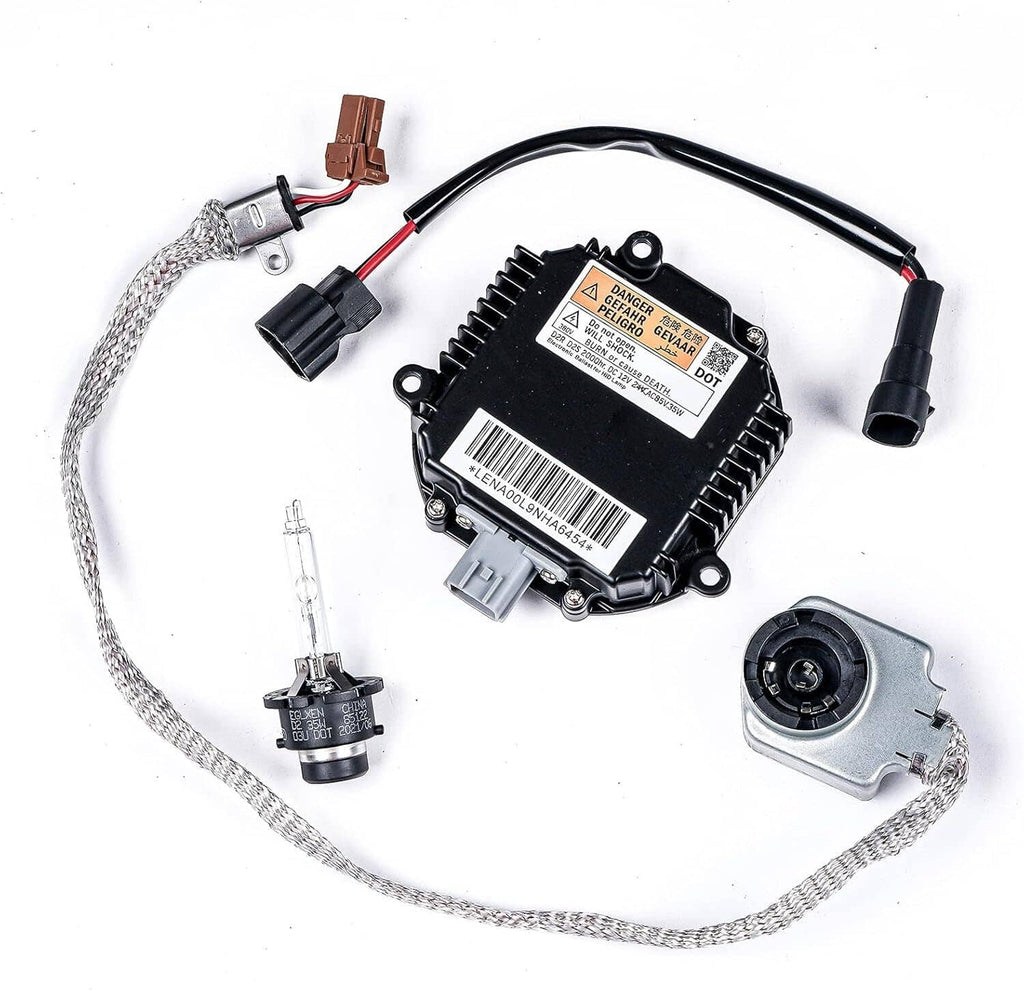 HID ballast igniter kit with black ballast module, D2S bulbs, and wiring harness