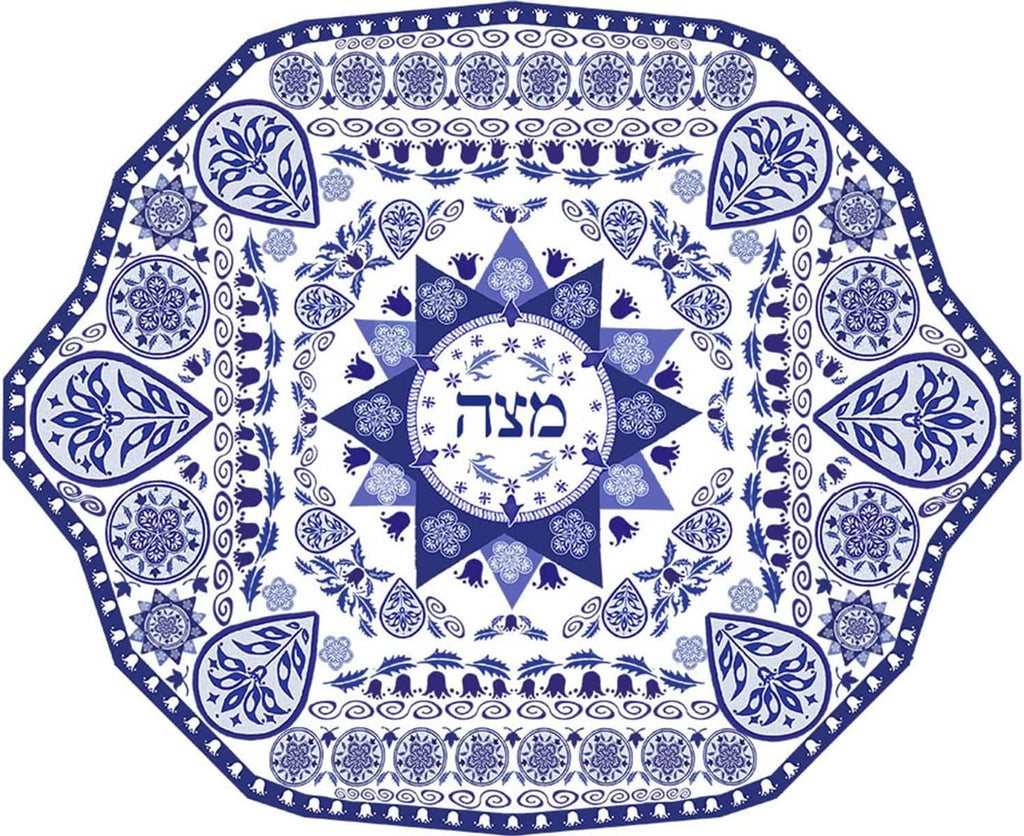 Blue-and-white octagonal Passover serving platter with central circular medallion
