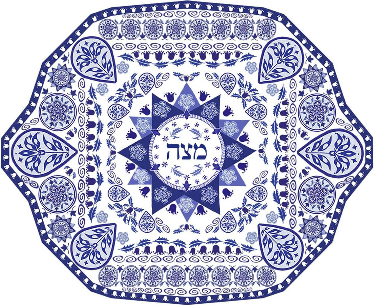 Blue-and-white octagonal Passover serving platter with central circular medallion