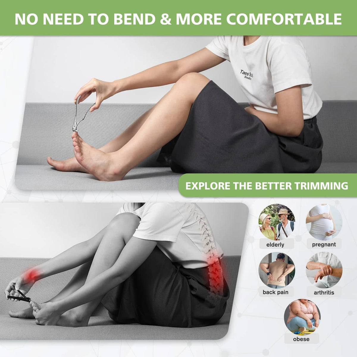 Long-handled toenail clipper being used on a seated person’s foot