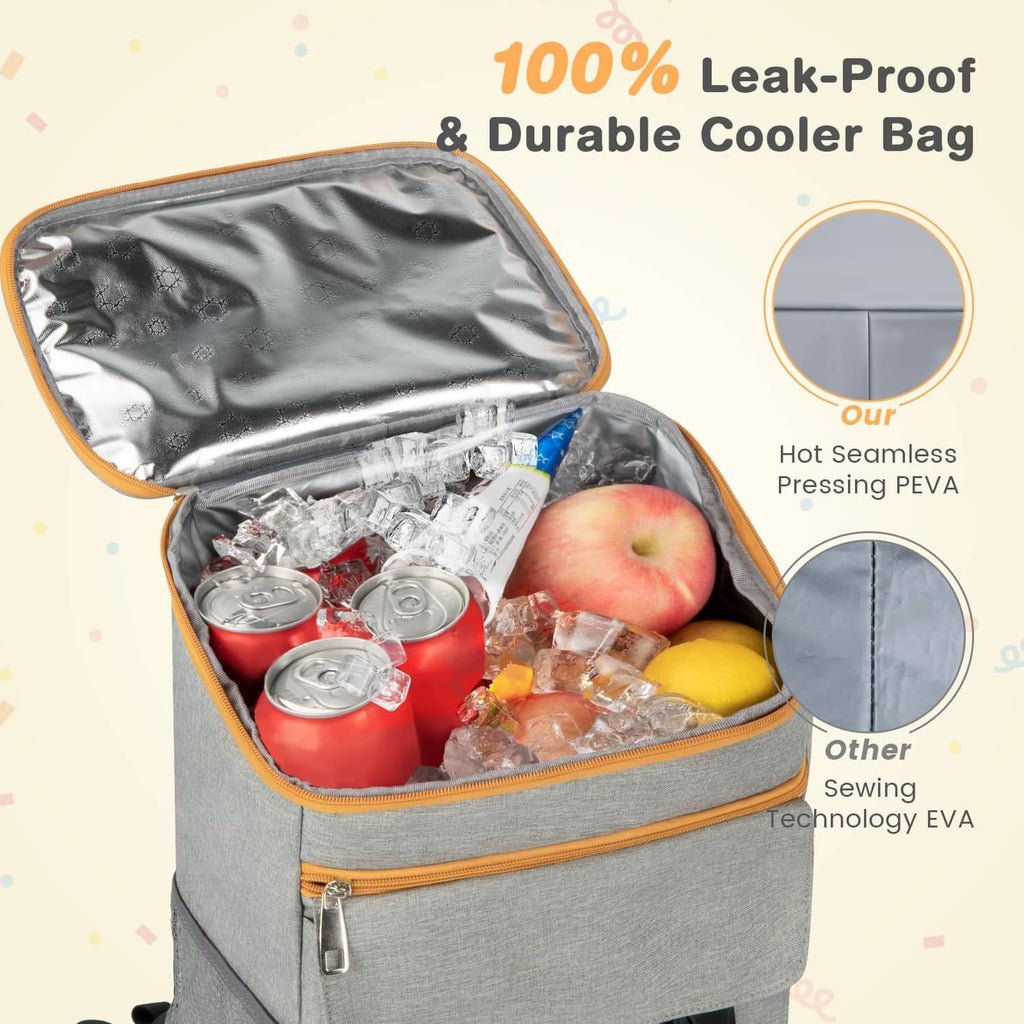 Grey insulated cooler backpack with open lid, foil interior and assorted drinks