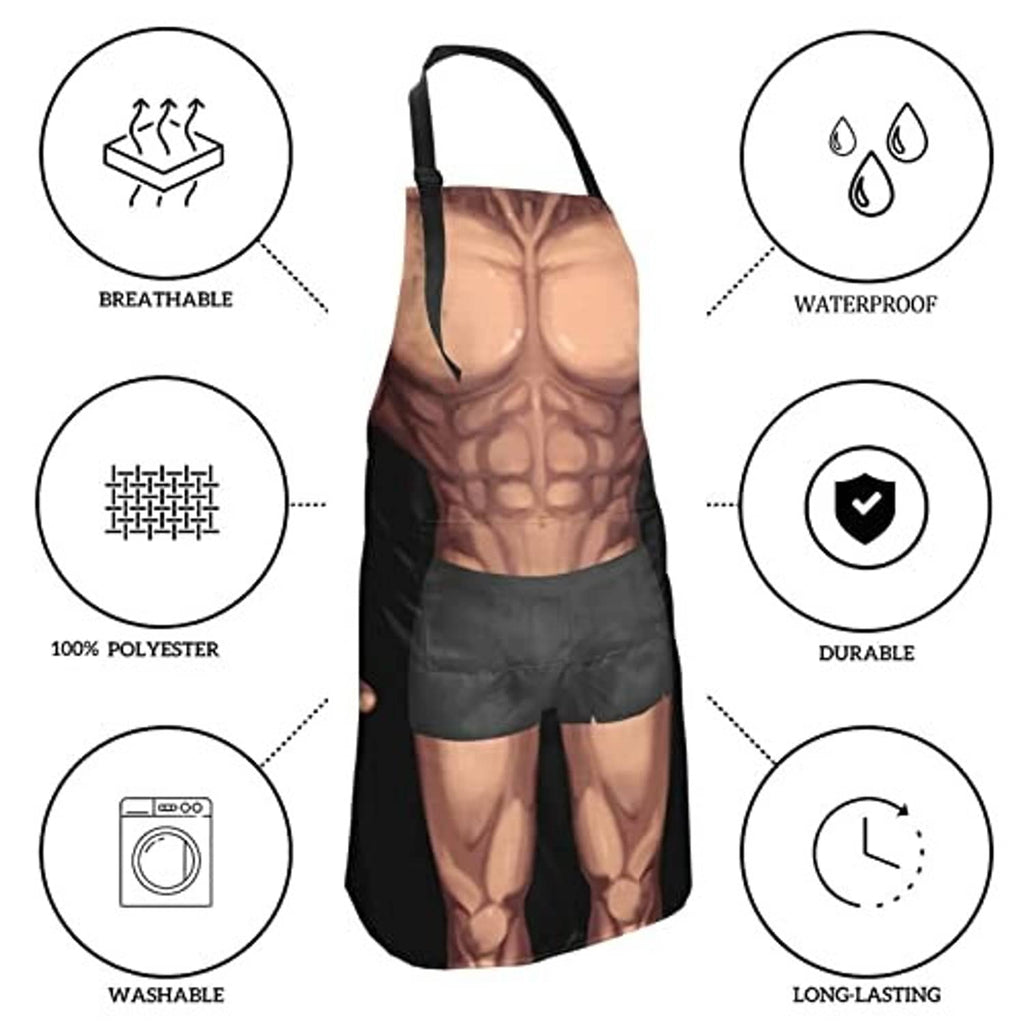 Black waterproof kitchen apron with muscular print; icons for breathable and durable