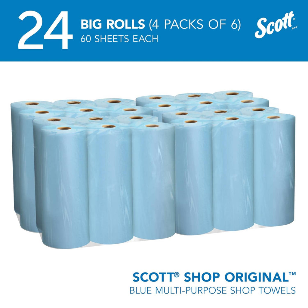 Blue Scott Original shop towel big rolls, 24-count pack, 60 sheets per roll.