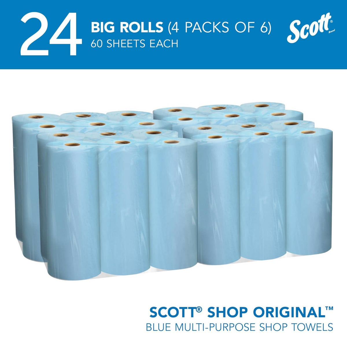 Blue Scott Original shop towel big rolls, 24-count pack, 60 sheets per roll.