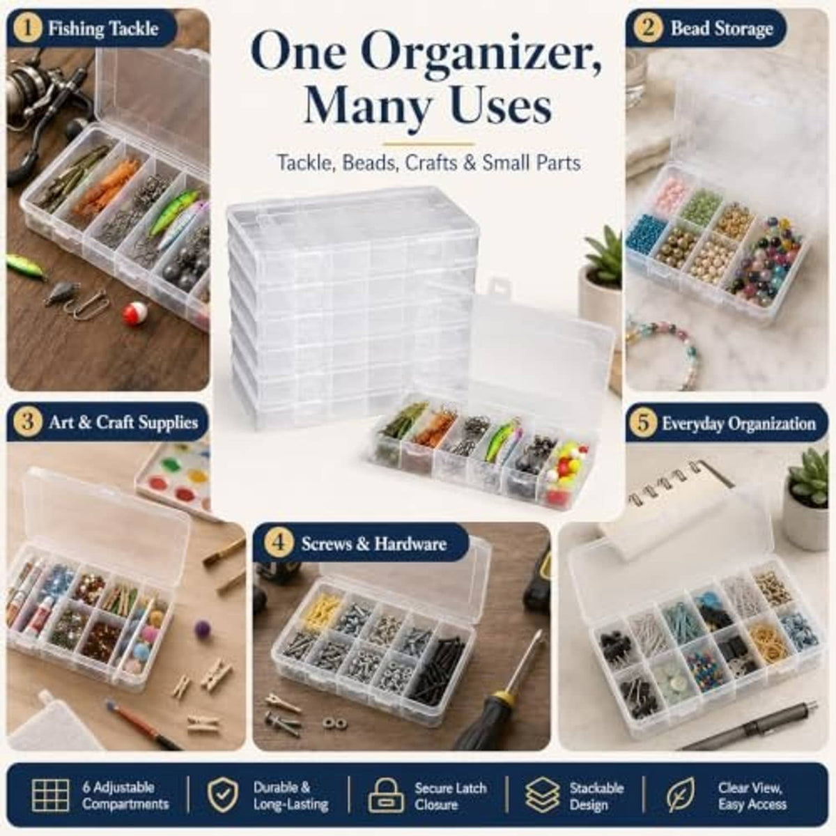 Clear multiuse organizer box with stacked compartments and snap latch closure, for small parts