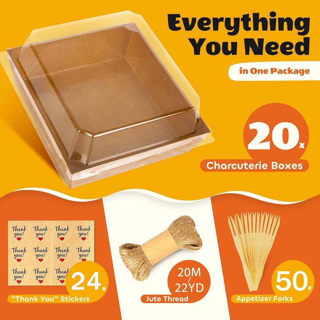 Kraft charcuterie box with clear lid, pack tray with included food skewers and stickers