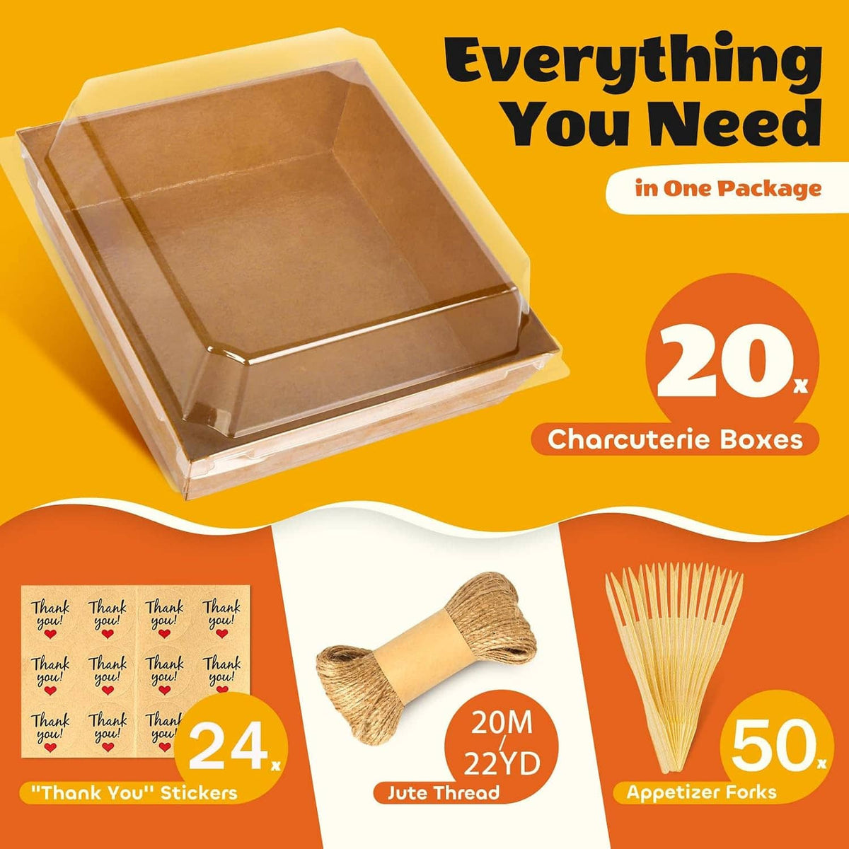 Kraft charcuterie box with clear lid, pack tray with included food skewers and stickers