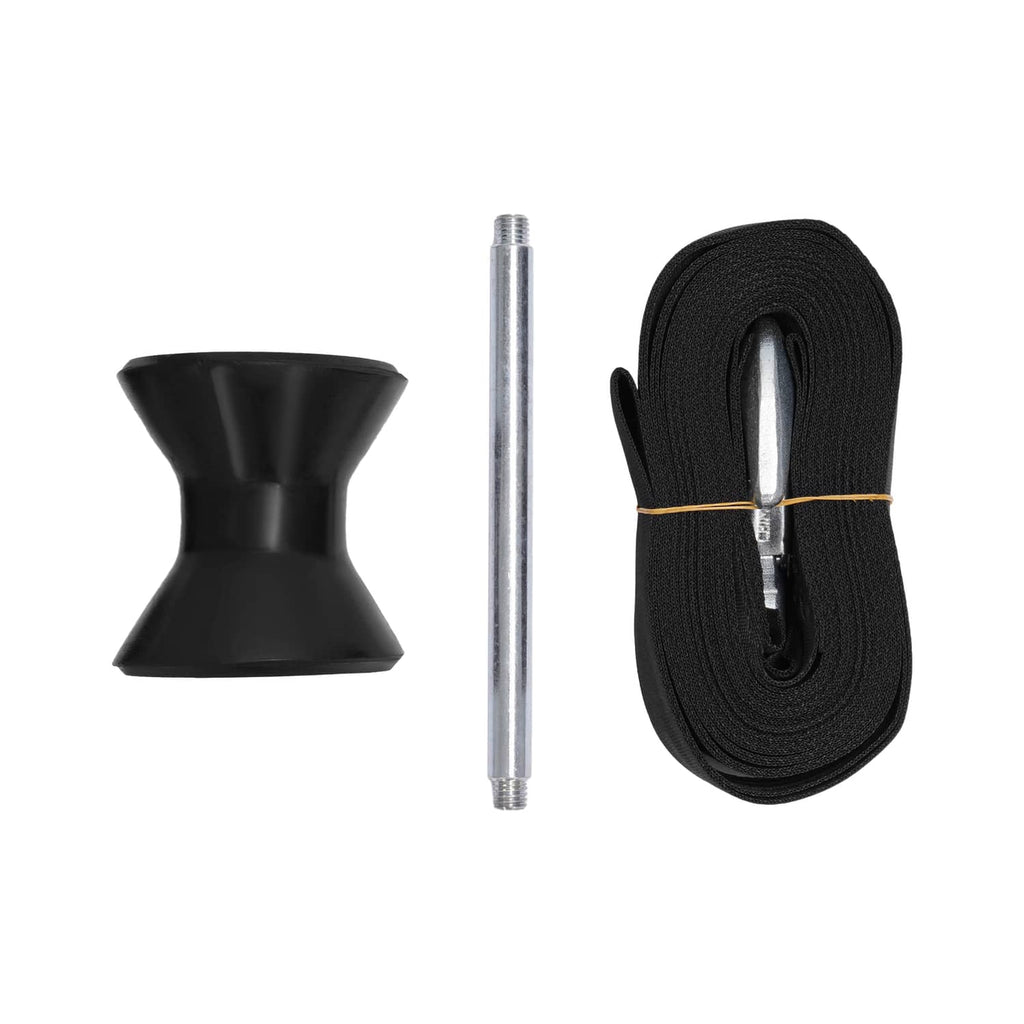 Winch roller accessories: black wheel caps, strap, and steel axle pin