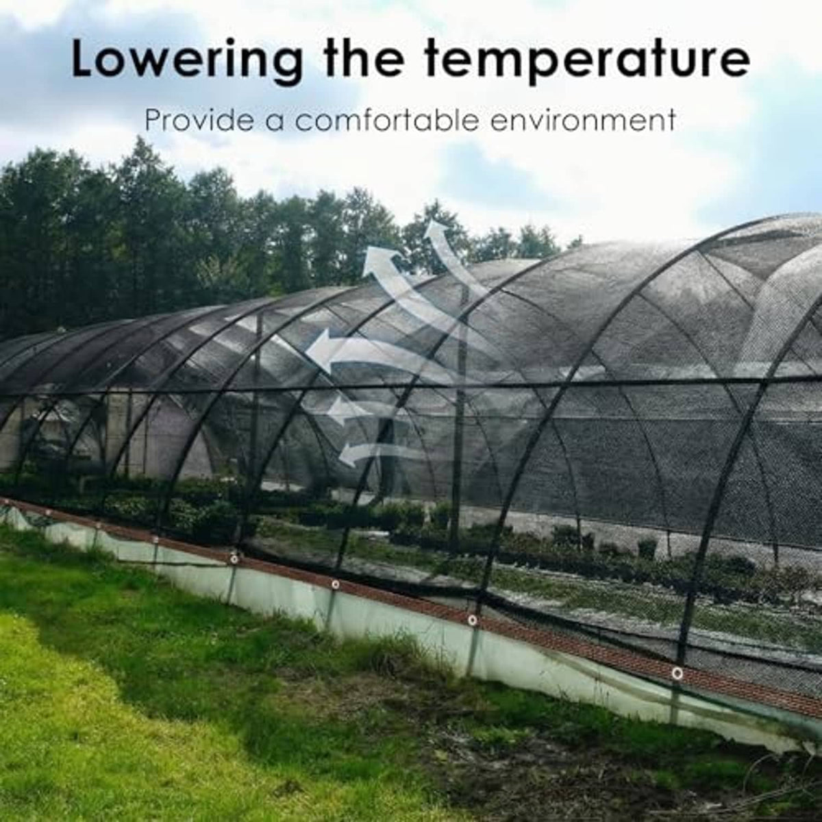 Dark gray shade cloth tarp canopy stretched on outdoor frame for cooling