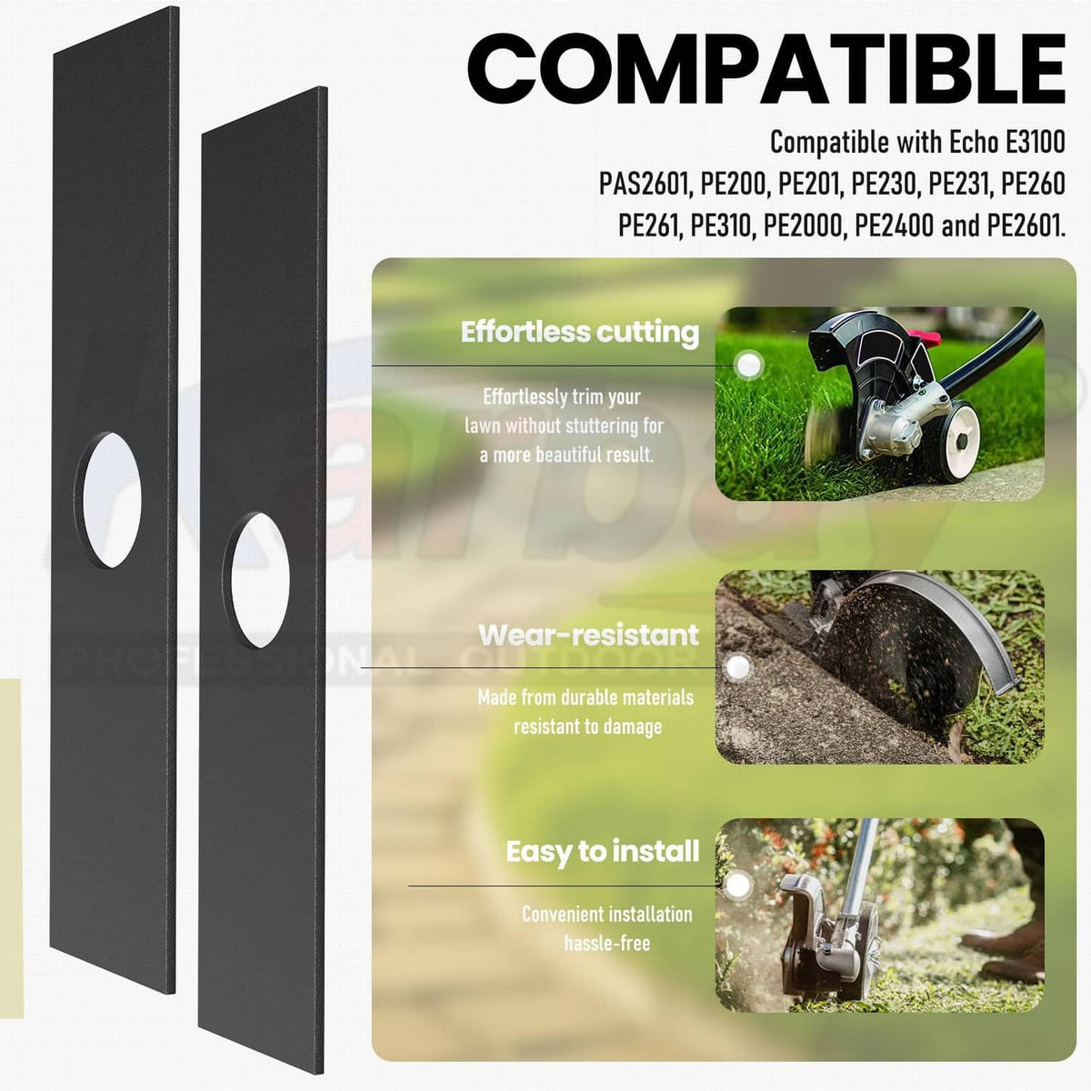 Two black edger blades with oval mounting holes for lawn edging