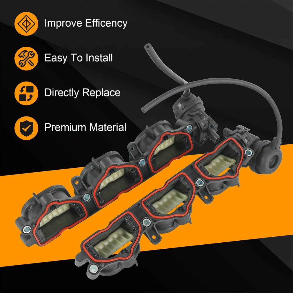Intake manifold pair with green gasket seals, multiple connectors, black housings and hoses