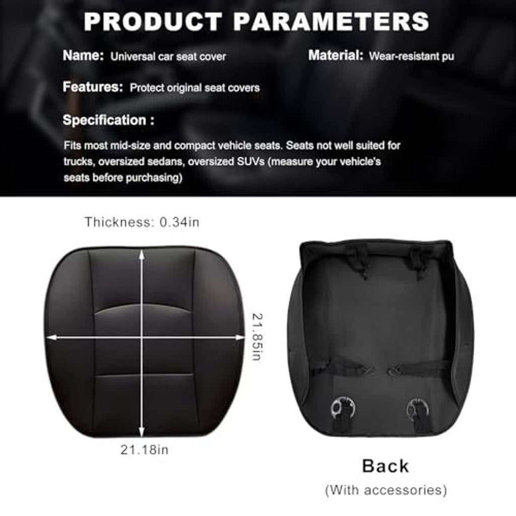 Universal black car seat bottom cover front view and underside with mounting hooks