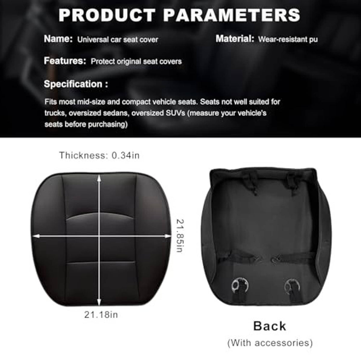 Universal black car seat bottom cover front view and underside with mounting hooks