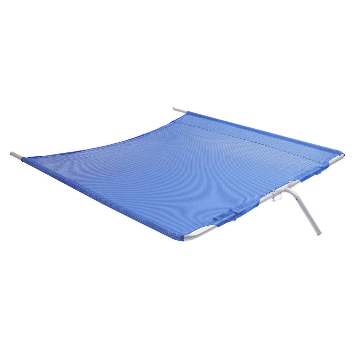 Blue boat sun shade canopy on silver support stand, angled view