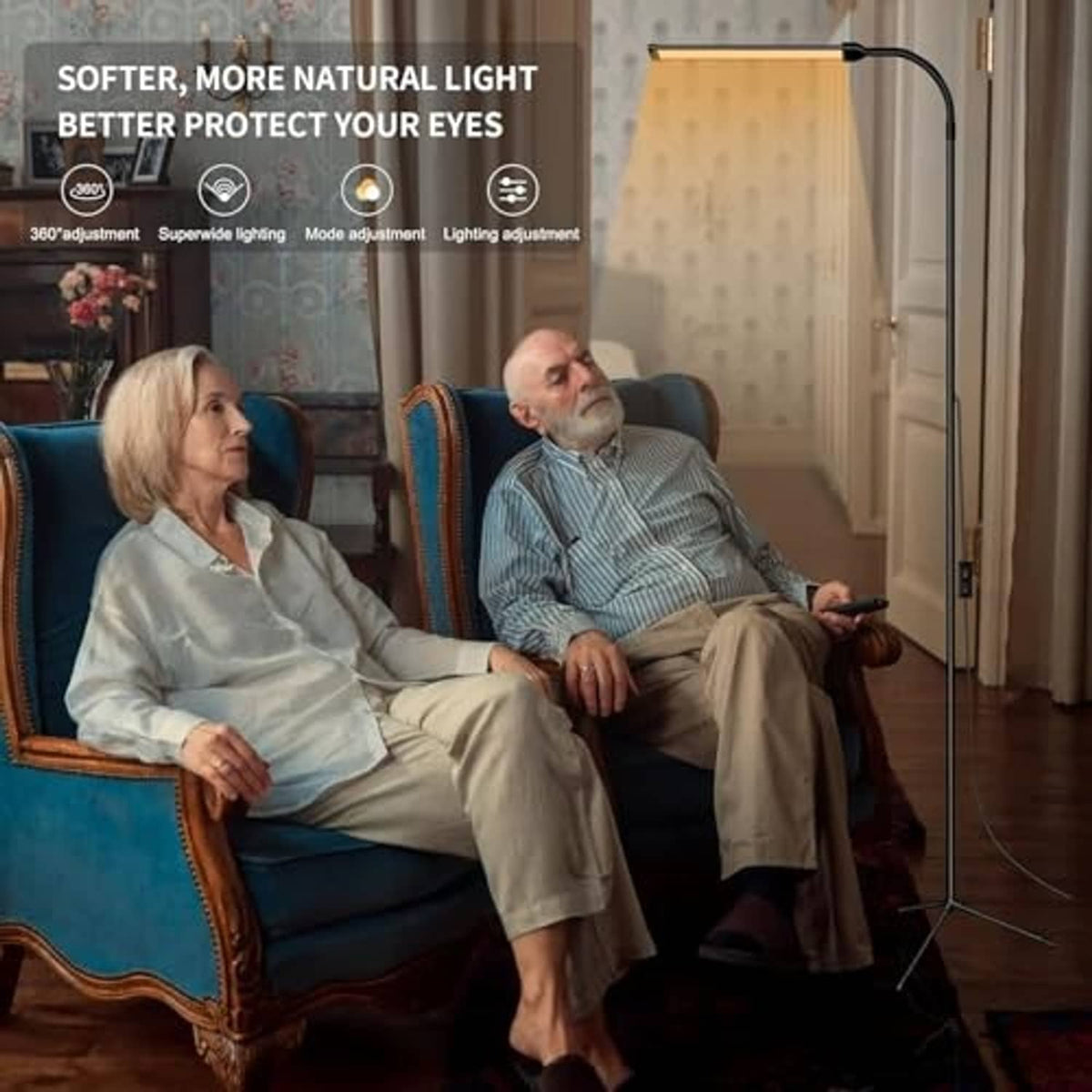 LED floor lamp with adjustable neck and tripod base for soft, protective eye lighting