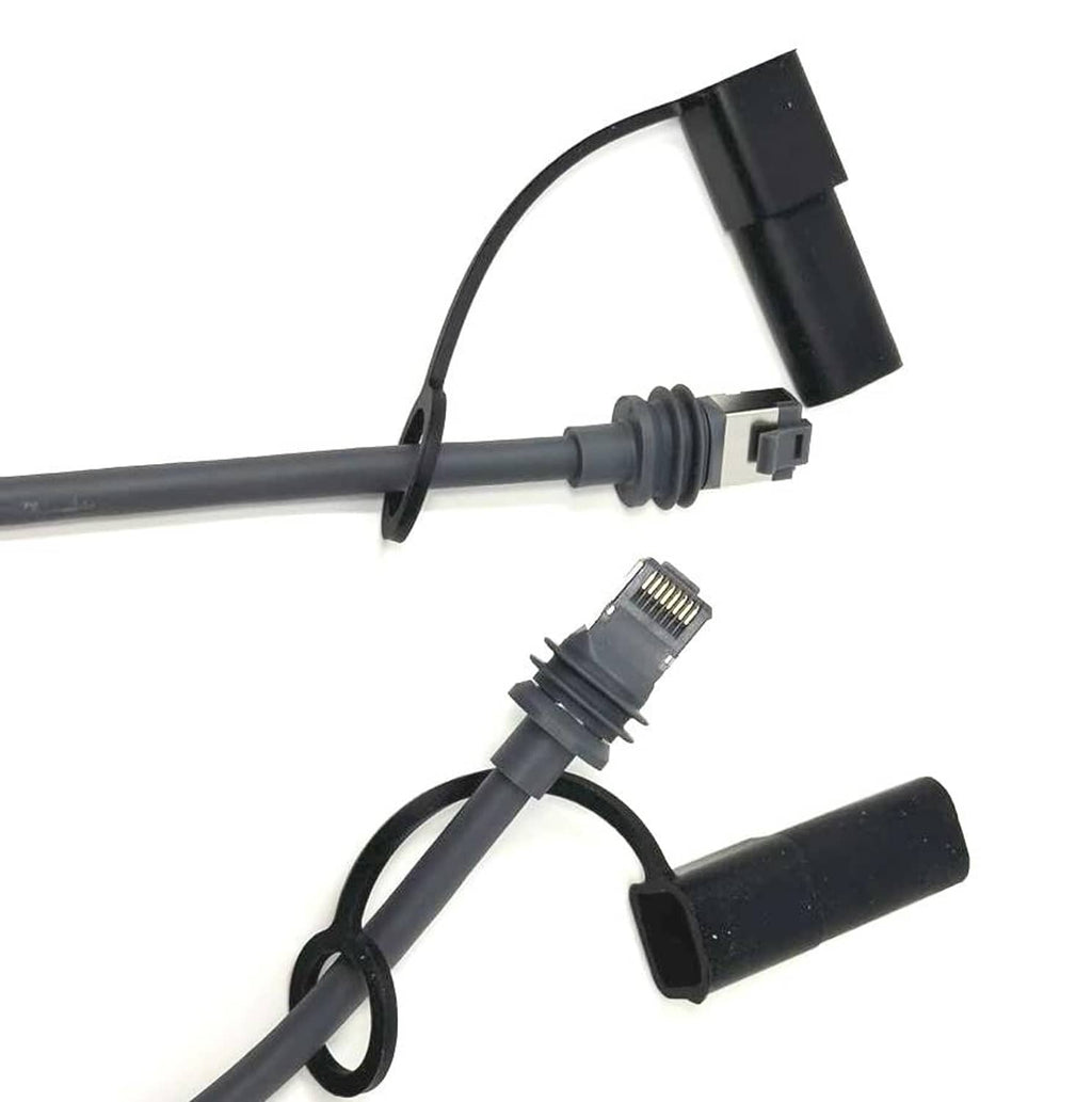 Black silicone end caps with lanyard loops on cable connectors