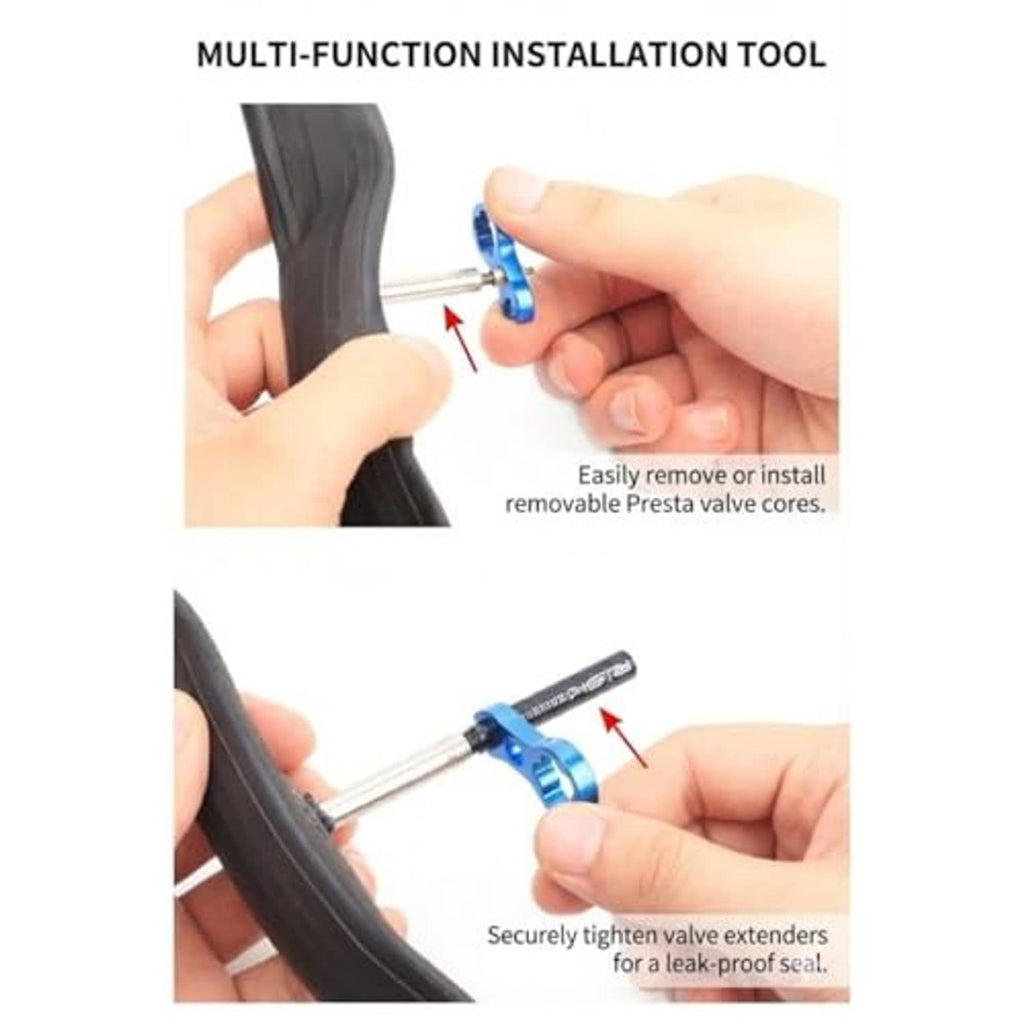 Presta valve extender installation tool for removing or reinstalling Presta valve cores