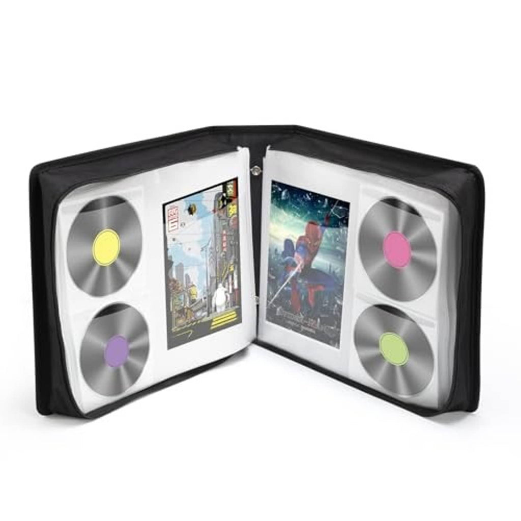 Black multi-disc DVD storage case opened with discs in separate inner sleeves