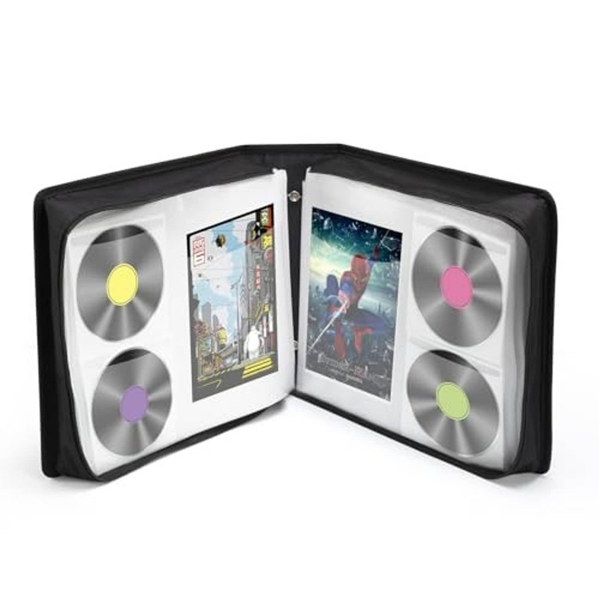 Black multi-disc DVD storage case opened with discs in separate inner sleeves