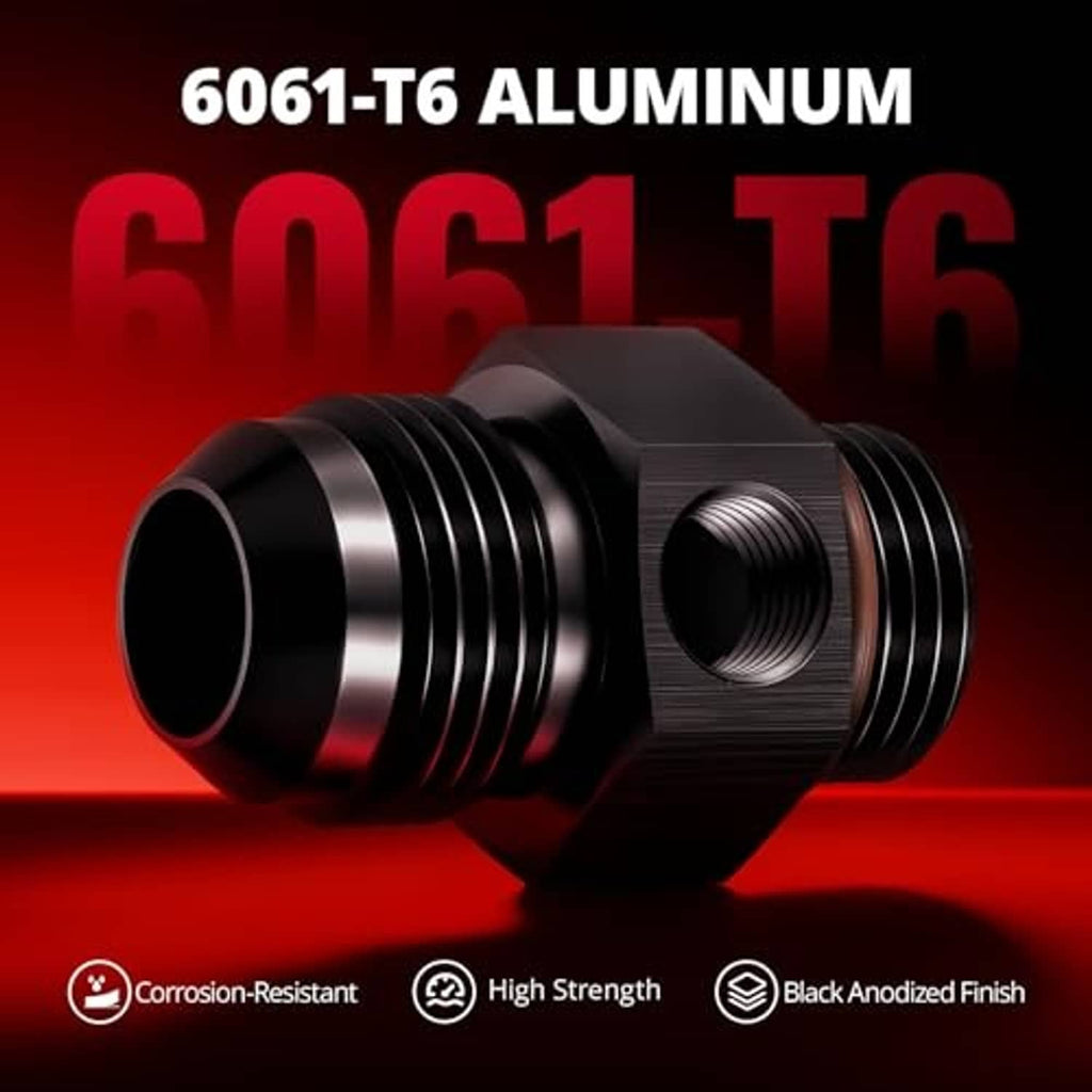 Black anodized aluminum AN-ORB adapter fitting with hex body and threaded port