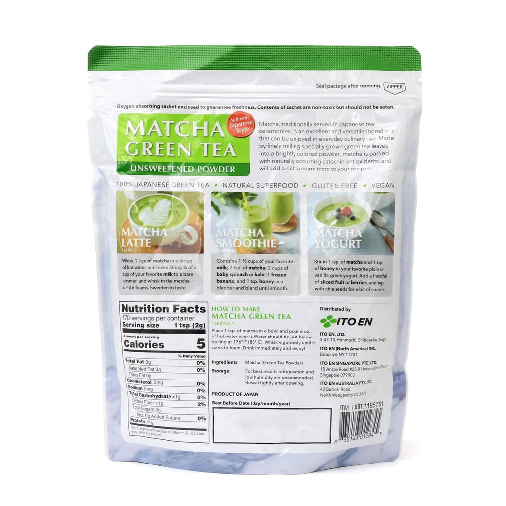 Ito En matcha green tea unsweetened powder pouch with back label details