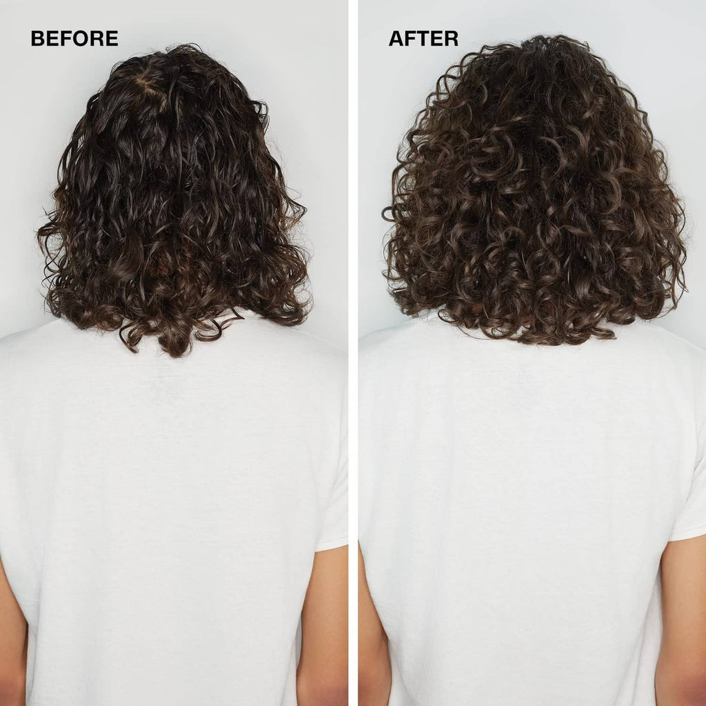 Curly hair before and after styling, showing smoother, defined curls