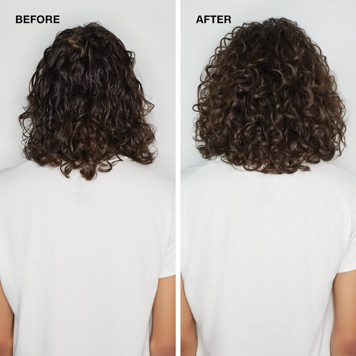 Curly hair before and after styling, showing smoother, defined curls