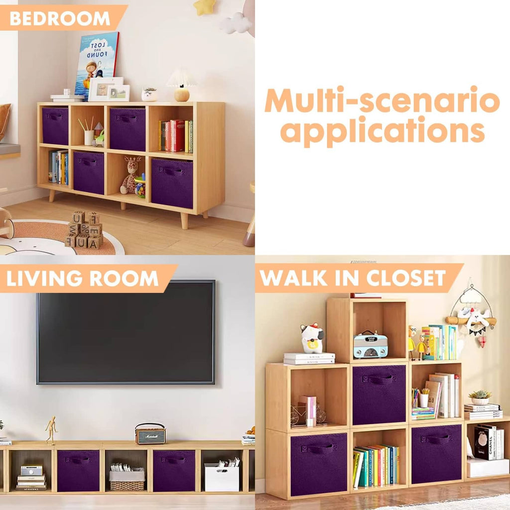 Purple fabric storage cube bins with handles on a bookshelf across rooms