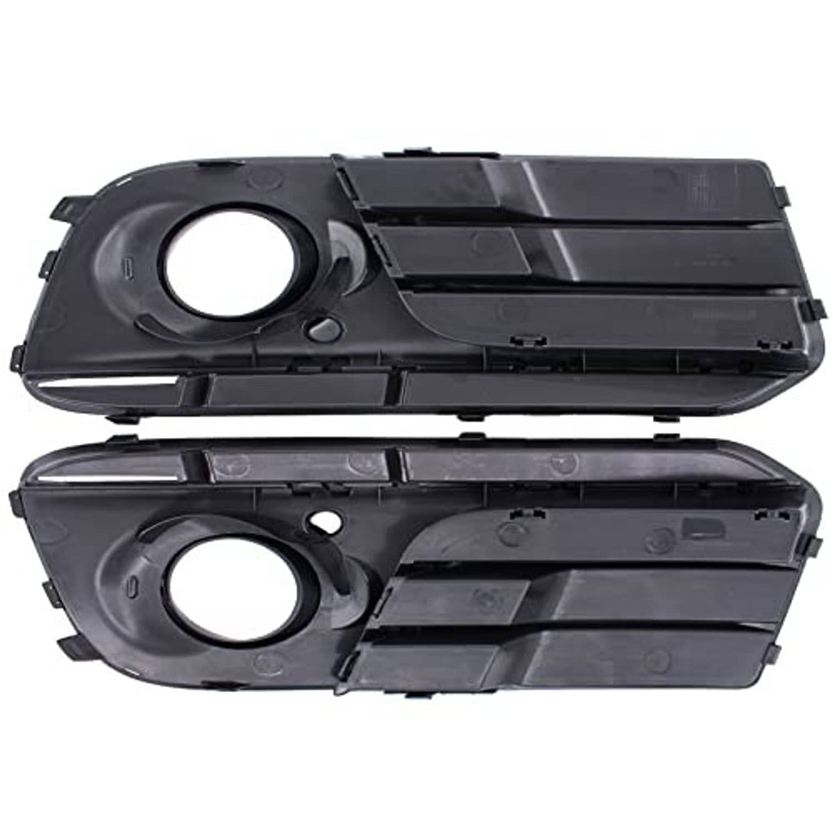 Glossy black ABS fog light cover grille inserts with mounting tabs and round openings