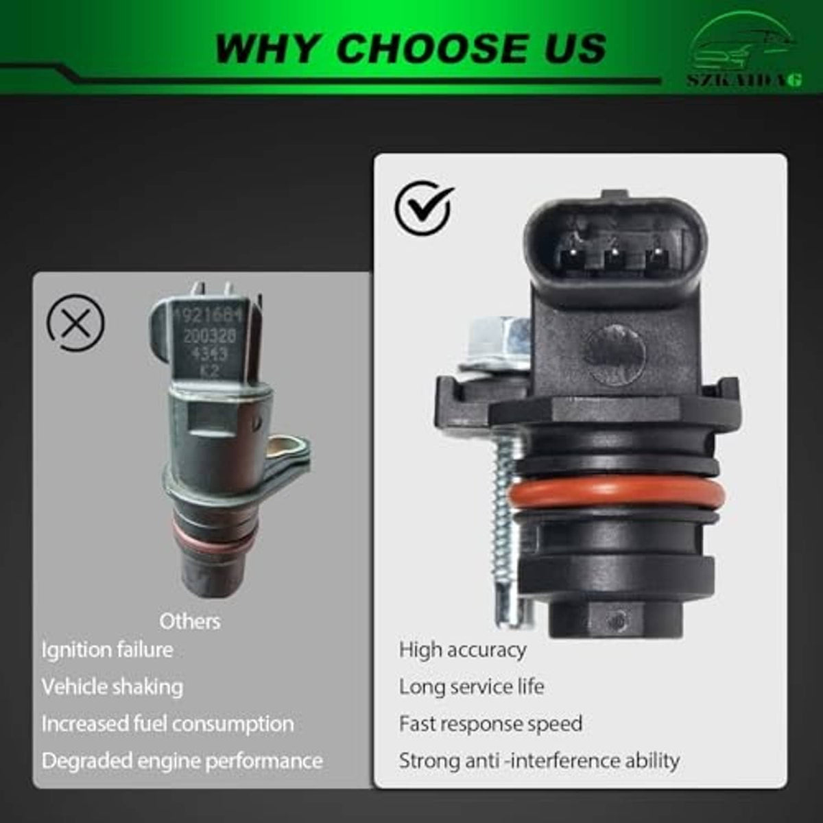 Camshaft position sensor shown with connector housing and orange seal ring