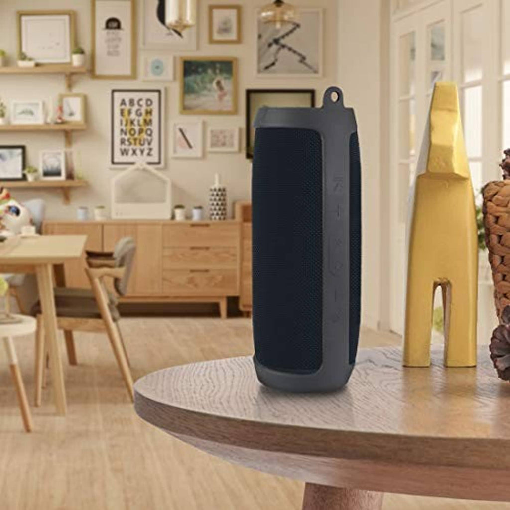 Navy silicone speaker case cover standing upright with top hanging loop
