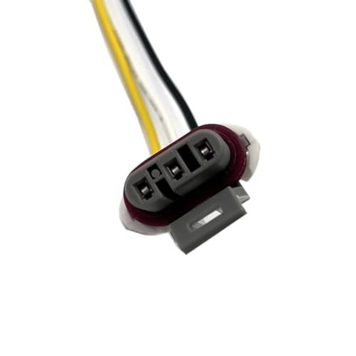 Crankshaft sensor connector end view with gray plug, red ring, and two wire leads