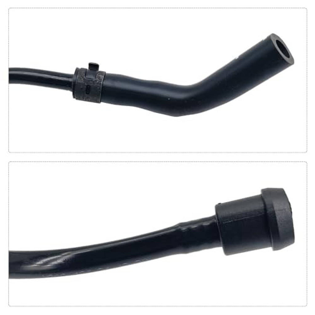 Radiator coolant reservoir hose close-up of black rubber tubing and connector ends