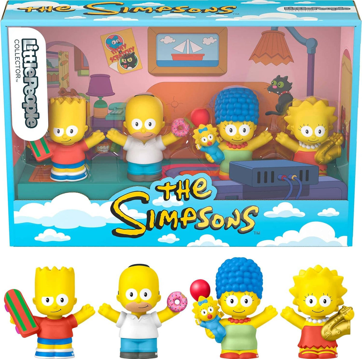 Simpsons figure set display box with Simpsons logo and four figures inside living-room