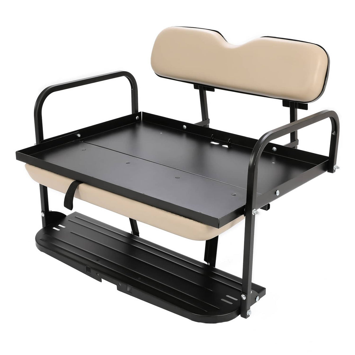 Tan cushioned rear seat with black base and support rails, folding frame style